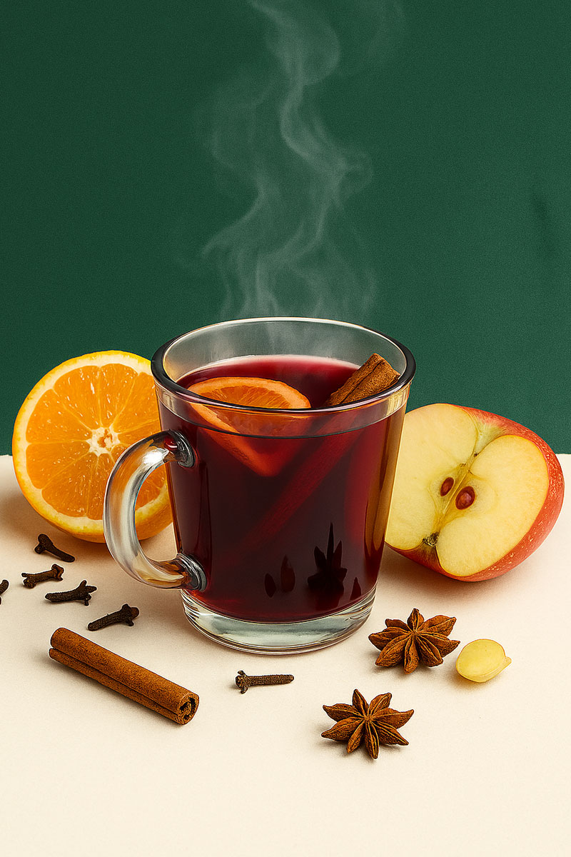 Dampfender Glühwein steht auf einen Tisch. Gewürze und Früchte umringen die durchsichtige Tasse mit roten Glühwein.